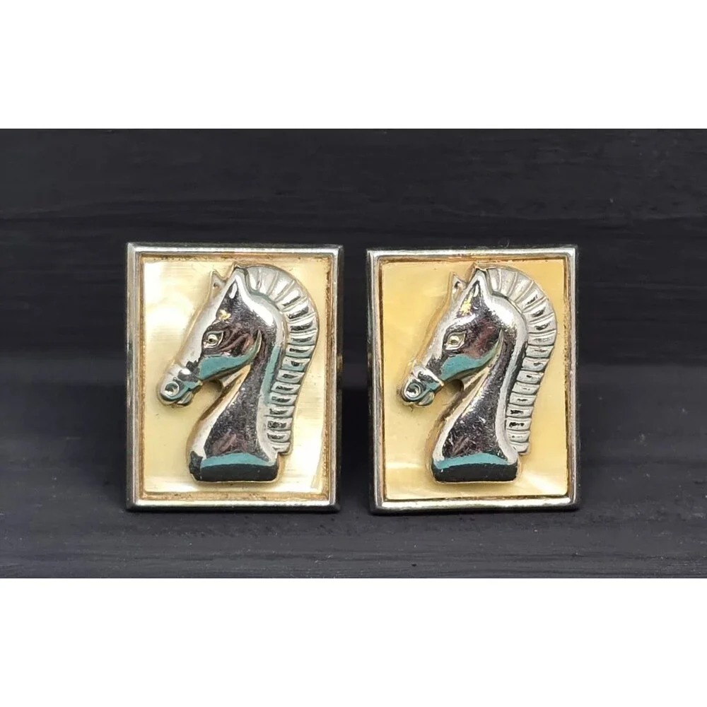 Vtg Horse Head Cufflinks Silver Tone Mother of Pearl MOP Equestrian Mens Jewelry